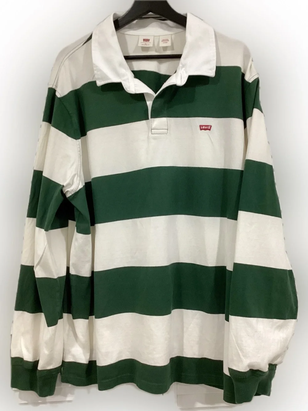 Levi’s Rugby Shirt Men’s XL Green White Stripe Relaxed Fit Long Sleeve Polo